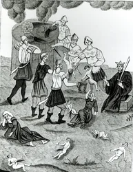 Jøder tar blod fra kristne barn for sine mystiske ritualer, etter en tegning i #39;Abraham jødenes kabbalabok#39; (lito) (s/h-foto)