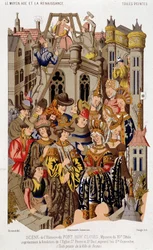 Scene av historien til Fort Roy de Clovis. Mysteriet fra det 15. århundre som representerer grunnlaget for kirken St. Peter og St. Paul, i dag Saint Genevieve. (fra) Malt lerret av byen Reims.