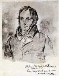 Portrett av Georg Wilhelm Friedrich Hegel (1770-1831), tysk filosof og idealist. Gravering etter tegning av G. Hensel.