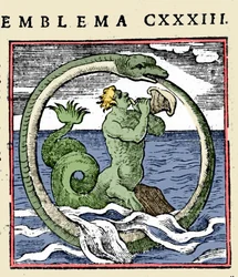 En triton og en ouroboros, illustrasjon "Emblems" (Emblemer av heftet) av Andrea Alciati (farge litho)