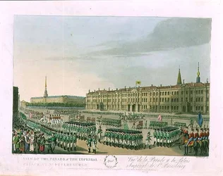 Utsikt over paraden og det keiserlige palasset i St. Petersburg, illustrasjon for april fra 