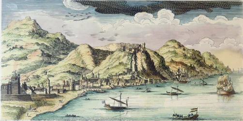 Utsikt over byen Málaga, Spania (farget gravering)