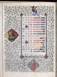Manuskriptsiden "" Les Tres Riches Hours du Duke Francois de Guise""" dekorerer tegn på dyrekretsen og representasjon av landbruksarbeid, innhøstingen. Miniatyr av Mesteren av Boucicaut