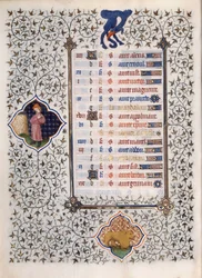 Side av manuskriptet "" Les Tres Riches Hours du Duke Francois de Guise"" opplyst av Mesteren av Boucicaut: representasjon av stjernetegnene og scener i dagliglivet: løven. 1400-tallet. Musee Conde, Chantilly
