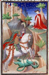 Side av manuskriptet "" Les Tres Riches Hours du Duke Francois de Guise"" opplyst av Mesteren av Boucicaut: representasjon av Saint George and the Dragon. 1400-tallet. Musee Conde, Chantilly