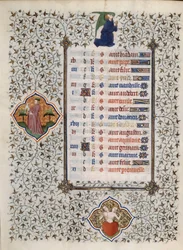 Side av manuskriptet "" Les Tres Riches Hours du Duke Francois de Guise"" opplyst av Mesteren av Boucicaut: representasjon av dyrekretsen og scener i hverdagen: edelstener. 1400-tallet. Musee Conde, Chantilly
