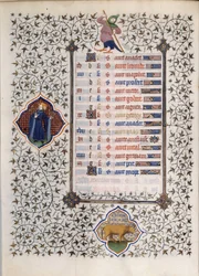 Side av manuskriptet "" Les Tres Riches Hours du Duke Francois de Guise"" opplyst av Mesteren av Boucicaut: representasjon av stjernetegnene og scener i hverdagen: oksen. 1400-tallet. Musee Conde, Chantilly