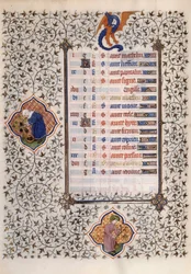 Side av manuskriptet "" Les Tres Riches Hours du Duke Francois de Guise"" opplyst av Mesteren av Boucicaut: representasjon av dyrekretsens tegn og landbruksarbeid: balanse og høsting. 1400-tallet. Musee Conde, Chantilly