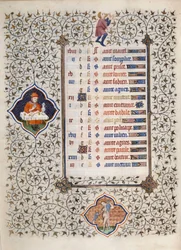 Side av manuskriptet "" Les Tres Riches Hours du Duke Francois de Guise"" opplyst av Mesteren av Boucicaut: representasjon av stjernetegn og scener i dagliglivet: Vannmannen og en måltidsscene. 1400-tallet. Musee Conde, Chantilly
