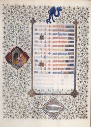 Side av manuskriptet "" Les Tres Riches Hours du Duke Francois de Guise"" opplyst av Mesteren av Boucicaut: en representasjon av stjernetegnene og scener i hverdagen: fisk og en mann som varmer opp foran en skorstein. 1400-tallet. Muse