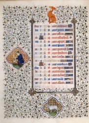 Side av manuskriptet "" Les Tres Riches Hours du Duke Francois de Guise"" opplyst av Mesteren av Boucicaut: representasjon av stjernetegnene og scener i dagliglivet: belieren og en mann som klipper kurv. 1400-tallet. Musee Conde, Chantilly