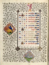 Side av manuskriptet "" Les Tres Riches Hours du Duke Francois de Guise"" opplyst av Mesteren av Boucicaut: representasjon av stjernetegnene og scener i dagliglivet: Steinbukken og jakten på villsvin. 1400-tallet. Musee Conde, C