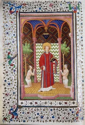 Representasjon av Saint Leonard (6. århundre), eremitt i Limousin, løslat to fanger. Side av manuskriptet "" Les Tres Riches Hours du Duke Francois de Guise"" opplyst av Mesteren av Boucicaut. 1400-tallet. Musee Conde, Chantilly