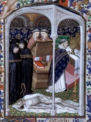 Scene med funebre seremoni og makaber dans Miniatyr hentet fra "Time Book" brukt i Paris" opplyst av Atelier du Maitre d Boucicaut, ca. 1415. Paris, B.N.