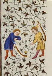Puckspillet på én side Detalj fra manuskriptet "" Les Tres Riches Hours du Duke Francois de Guise"" belyst av Mesteren av Boucicaut. 1400-tallet. Musee Conde, Chantilly