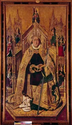 Saint Dominica de Silos (1000-1073) på tronen Dominica var en gjeter fra Navarra. Han ble benediktinermunk i Silos, Castilla. Maleri på tre av Cardenas Bermejo (1435/40-1500) 1400-tallet Dim. 242 x 130 cm Madrid, Prado-museet - Saint Dominique av