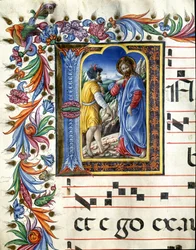 Decoree lettrine som viser fristelsen til Kristus Miniatyr av Liberale da Verona (1445-1529) fra et kor (Cod. 20/5. c.45v) fra katedralen i Siena. Cathedrale (Duomo) fra 1400-tallet i Siena, Italia