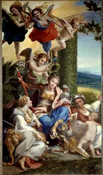 Allegori om dyd. Maleri av Antonio Allegri kjent som Il Correggio (eller Le Correge 1489-1534) 1500-tallet. Størrelse 0,88x1,48m.