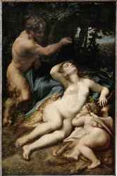 Jupiter og Antiope (eller Venus med amor og en satyr) (olje på lerret