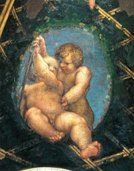 Ovate med kjeruber, detalj av dekorasjon fra St. Paul's Chamber eller Abbedisse' Chamber