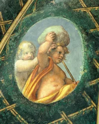Ovate med kjeruber, freskomaleri av Antonio Allegri Da Correggio (1489-1534) Abbedissens rom, San Paolo Monastery, Parma, Italia