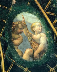 Ovate med kjeruber, freskomaleri av Antonio Allegri Da Correggio (1489-1534) Abbedissens rom, San Paolo Monastery, Parma, Italia