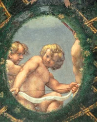 Ovate med kjeruber, freskomaleri av Antonio Allegri Da Correggio (1489-1534) Abbedissens rom, San Paolo Monastery, Parma, Italia