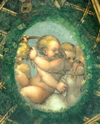 Ovate med kjeruber, freskomaleri av Antonio Allegri Da Correggio (1489-1534) Abbedissens rom, San Paolo Monastery, Parma, Italia