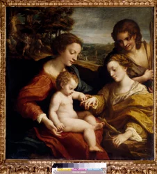 Det mystiske ekteskapet til den hellige Katarina av Alexandria med den hellige Sebastian-maleri av Antonio Allegri (dit Correggio eller Le Correge 1489-1534) Søn fra 1500-tallet. 1,05x1,02 m Paris, Musée du Louvre.
