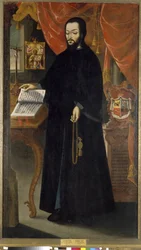 Portrett av prins Dimitri, munk av kyiv-hulene Lavra (Ukraina). (Portrett av prins Dmitrij, munk fra huleklosteret i Kiev). Portrett av en ortodoks munk som står foran skrivebordet sitt og studerer en åpen bok foran et krusifiks og en