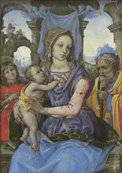 Madonna og barn med Saint Joseph og en engel, ca. 1490 (tempera på lerret, overført fra tre)