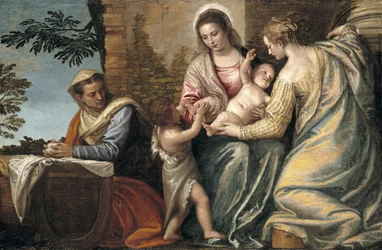 Madonna og barn med St. Elizabeth, spedbarnet St. Johannes døperen og St. Justina, 1565-70