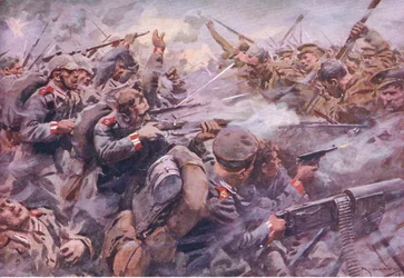 Nederlaget til den prøyssiske garde ved Zonnebeke, fra History of the Great War Vol 3 utgitt av Waverley Book Co Limited, ca. 1920