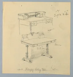 Design og skisse for "Mahogni Writing Table"