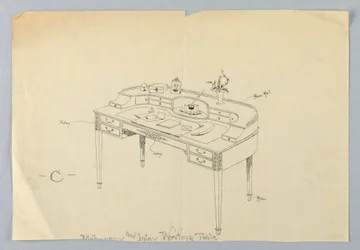Design for halvsirkulært skrivebord "C" med messingføtter og messingrekkverk