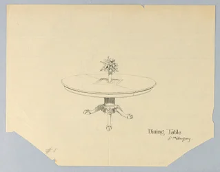 Design for et spisebord av mahogni med en blomstervase