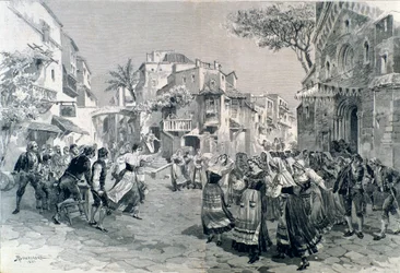 Sluttscenen til Cavalleria rusticana, opera av Mascagni, på teatro alla scala i 1891