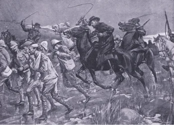 De Wets behandling av britiske krigsfanger på marsj, illustrasjon fra After Pretoria: The Guerilla War, 1902