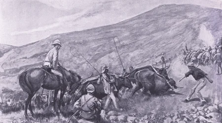 Transportvansker ved Barberton: Hvordan kanonene og vognene kom opp i fjellene, illustrasjon fra After Pretoria: The Guerilla War, 1902