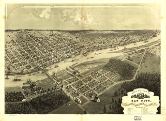 Fugleperspektiv over Bay City, Portsmouth, Wenona og Salzburg, Bay Co., Michigan 1867. LOC 73693424