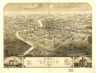 Fugleperspektiv over byen Berlin, Green Lake Co., Wisconsin 1867. LOC 73694536