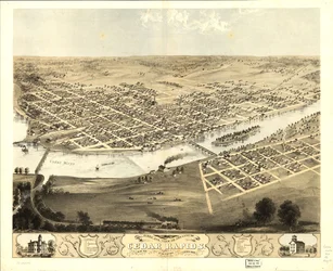 Fugleperspektiv av byen Cedar Rapids og Kingston, Linn Co., Iowa 1868. LOC 73693391