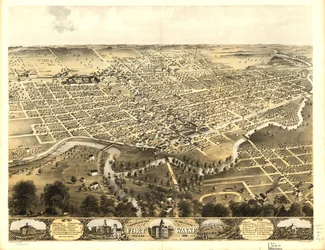 Fugleperspektiv over byen Fort Wayne, Indiana 1868. LOC 73693381
