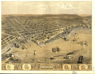 Fugleperspektiv av byen Muskegon, Muskegon Co., Michigan 1868.