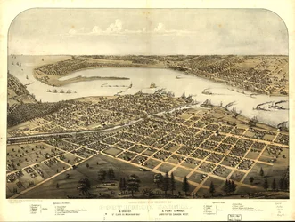 Fugleperspektiv over byen Port Huron, Sarnia og Gratiot, St. Clair fylke, Michigan 1867 og Point Edwards, Lambton fylke, vest i Canada. LOK 73693443