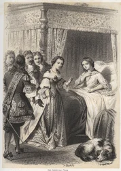 Madame Deshoulieres, Antoinette Ligier de La garde (1637-1694) overveldet av spørsmål fra følget hennes etter en natt tilbrakt med frykten for spøkelsen. Gravering av A. Duruy i "" Illustrasjoner litteraires de la France; eller, Galerie anecdotique de nos 