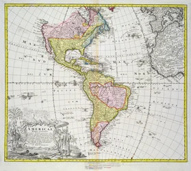 Kart over Amerika, utgitt av Homann, 1746 (fargegravering)