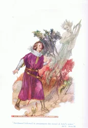 Ferdinand fulgte forbauset lyden av Ariels stemme (The Tempest), fra Tales from Shakespeare pub. av Ward Lock & Co Ltd