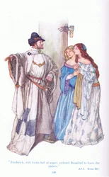 Frederick med sinne blikk beordret Rosalind til å forlate palasset (As You Like It), fra Tales from Shakespeare pub. av Ward Lock & Co Ltd