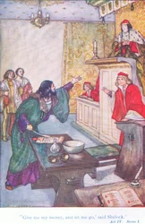 "Gi meg pengene mine og la meg gå," sa Shylock (The Merchant of Venice), fra Tales from Shakespeare pub. av Ward Lock & Co Ltd